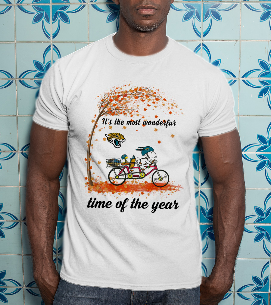 Jacksonville Jaguars Snoopy Bicycle Autumn It's The Most Wonderful Time Of The Year T-Shirt
