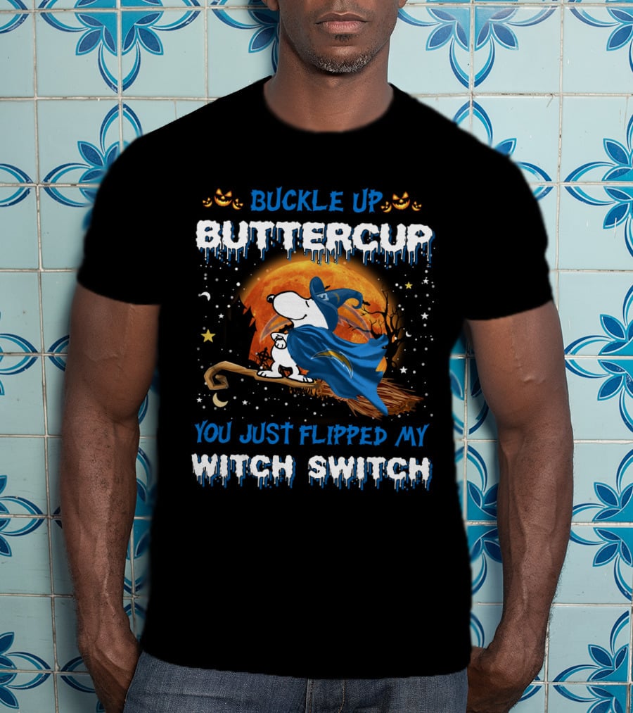 Buckle Up Buttercup You Just Flipped My Witch Switch Snoopy Los Angeles Chargers Halloween T-Shirt