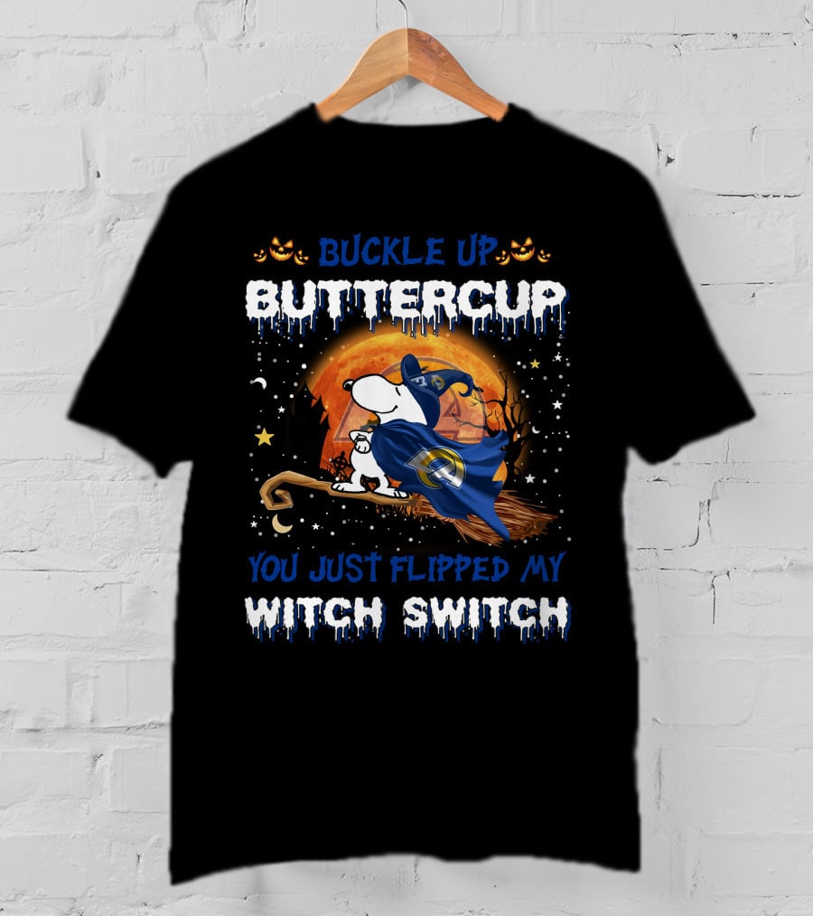 Buckle Up Buttercup Los Angeles Rams Snoopy Witch Switch Halloween T-Shirt