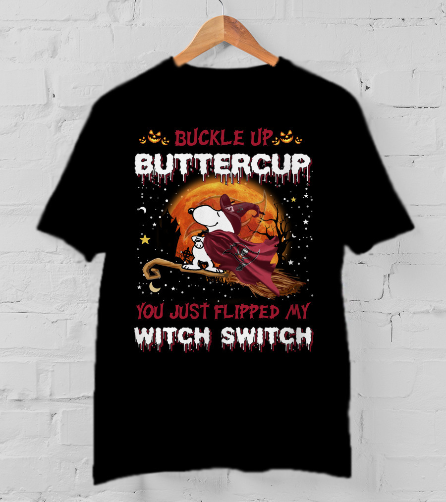 Buckle Up Buttercup You Just Flipped My Witch Switch Snoopy Broomstick Halloween Moon T-Shirt