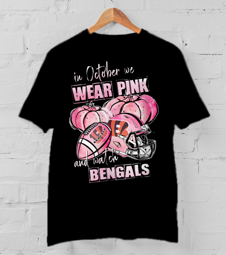 In October We Wear Pink Bengals Football Helmet Pumpkins T-Shirt