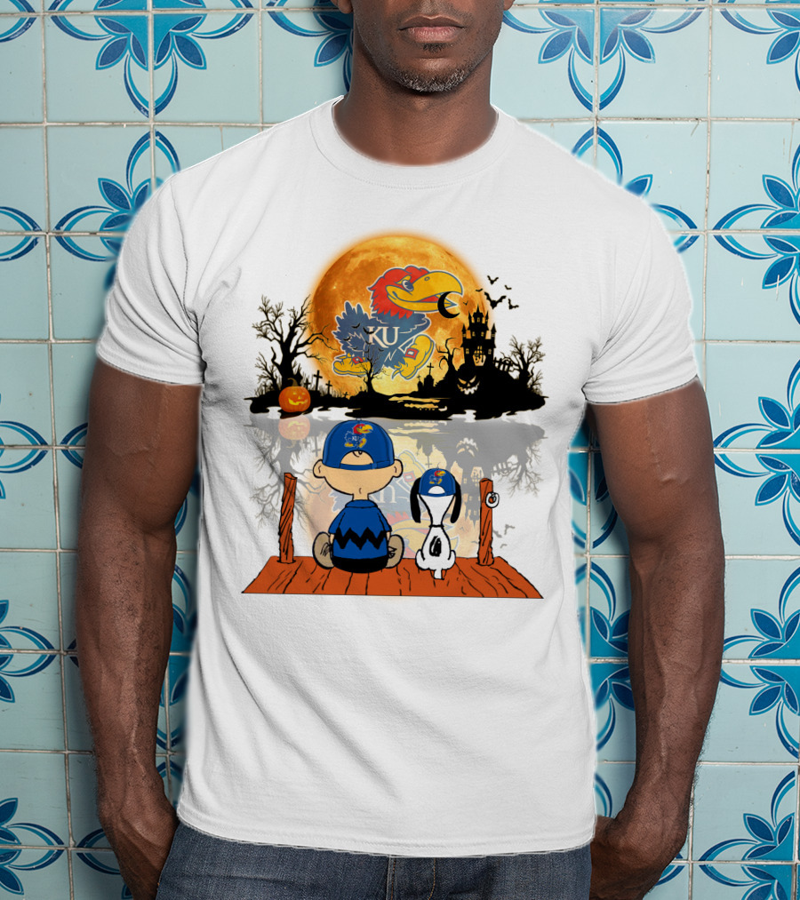 Kansas Jayhawks Halloween KU  Peanuts Moon Charlie Brown Snoopy Pumpkin T-Shirt