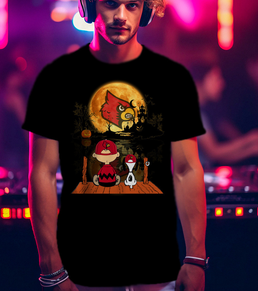 Louisville Cardinals Halloween Moon Scene With Characters And Haunted House T-Shirt
