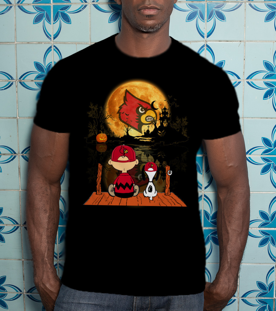 Louisville Cardinals Halloween Moon Scene With Characters And Haunted House T-Shirt