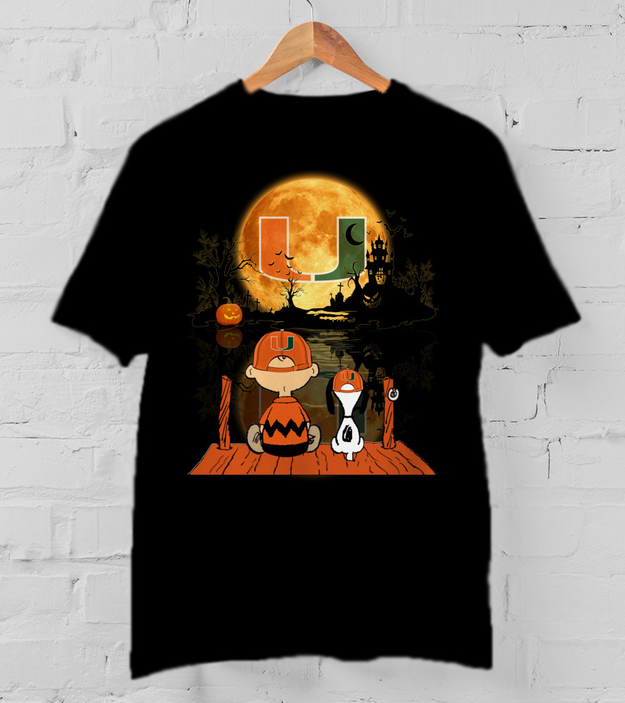 Miami Hurricanes Halloween Full Moon U Logo Charlie And Snoopy Scene T-Shirt