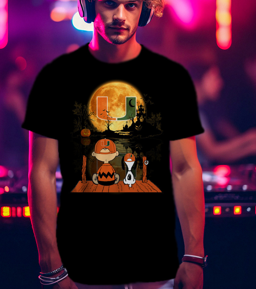 Miami Hurricanes Halloween Full Moon U Logo Charlie And Snoopy Scene T-Shirt