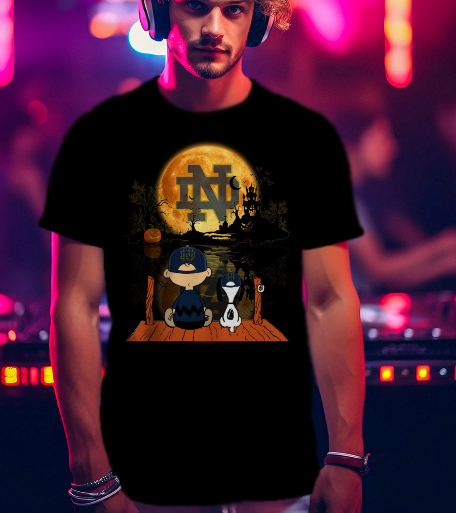 Notre Dame Fighting Irish Halloween Moonlit Scene With Peanuts Characters T-Shirt