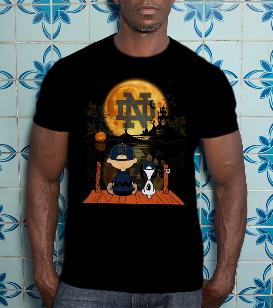 Notre Dame Fighting Irish Halloween Moonlit Scene With Peanuts Characters T-Shirt