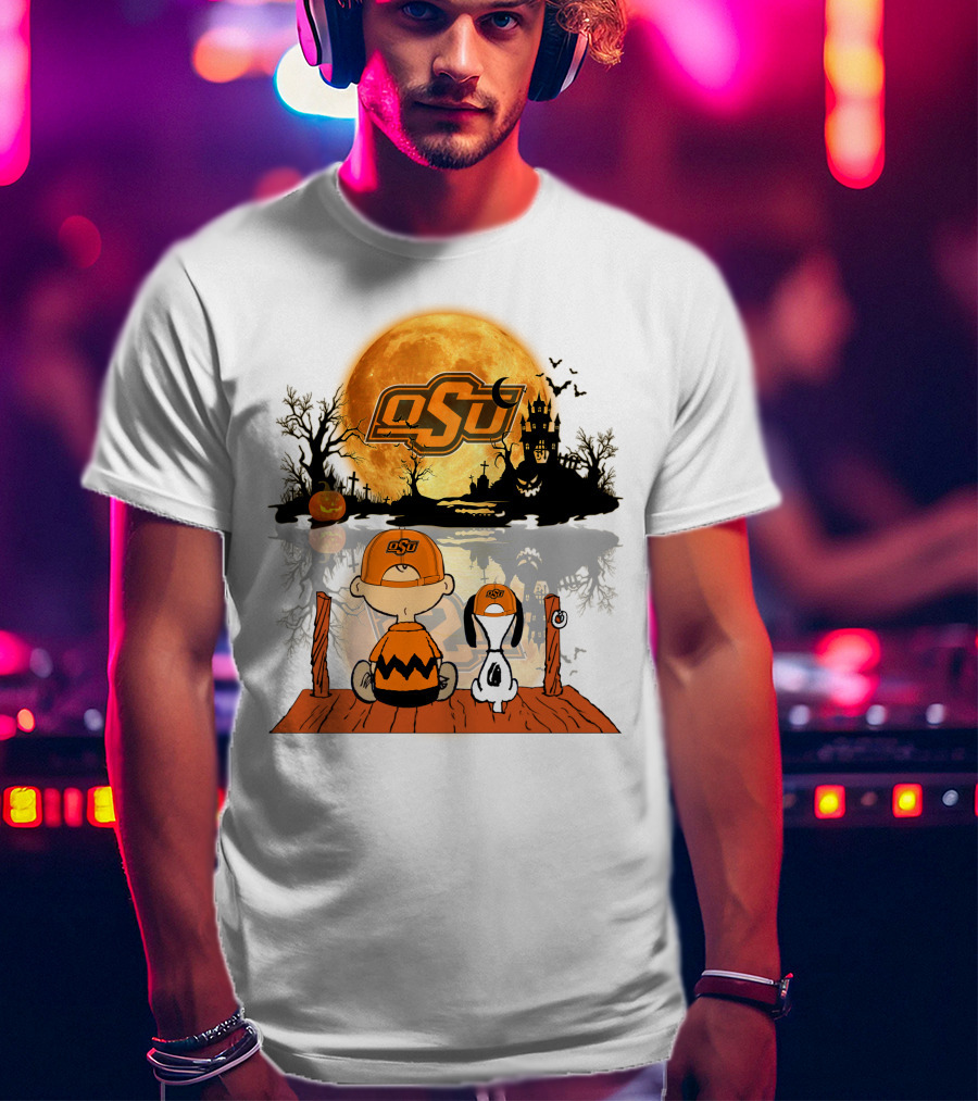 Oklahoma State Cowboys Halloween OSU Moon Charlie And Snoopy T-Shirt