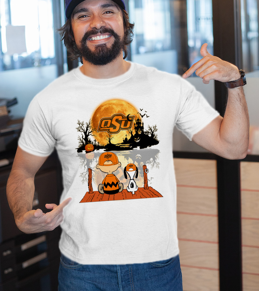 Oklahoma State Cowboys Halloween OSU Moon Charlie And Snoopy T-Shirt
