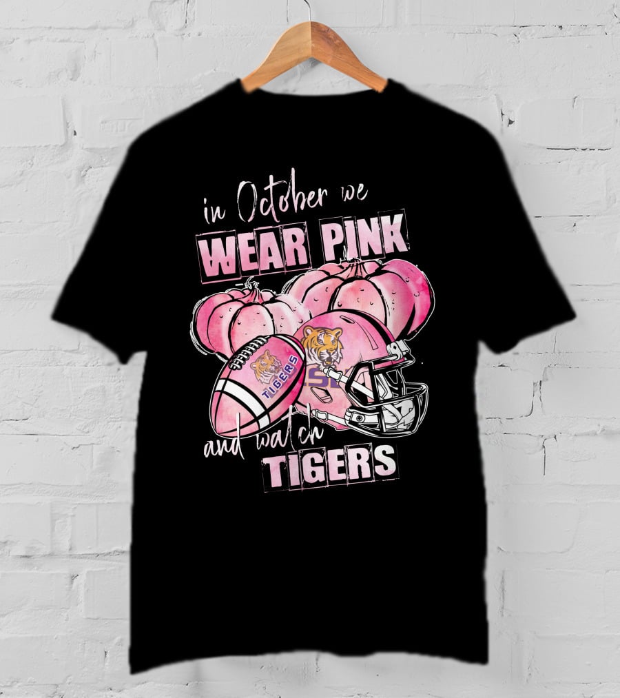 Wear Pink In October Lsu Tigers Football Helmet Pink Pumpkins And Ball T-Shirt