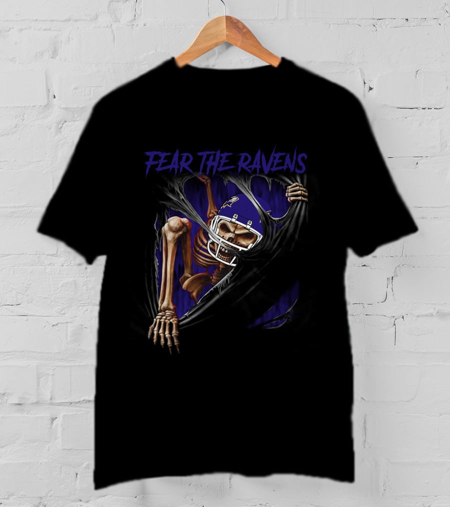 Fear The Ravens Baltimore NFL Skeleton Ravens Helmet Tear T-Shirt
