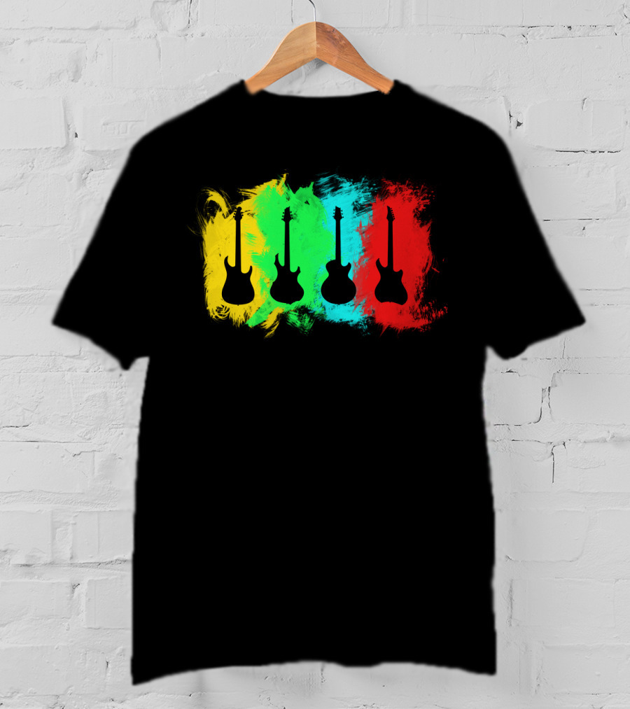 Colored Guitars Electric Acoustic Silhouette Yellow Green Blue Red T-Shirt
