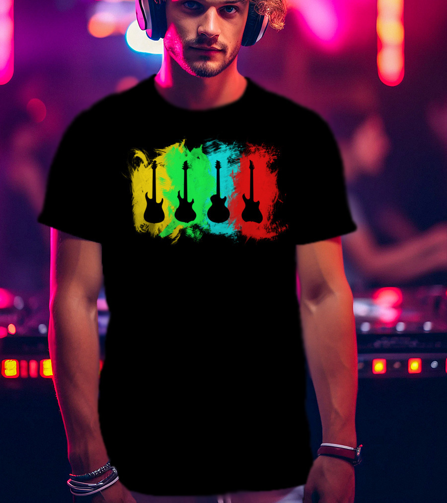 Colored Guitars Electric Acoustic Silhouette Yellow Green Blue Red T-Shirt