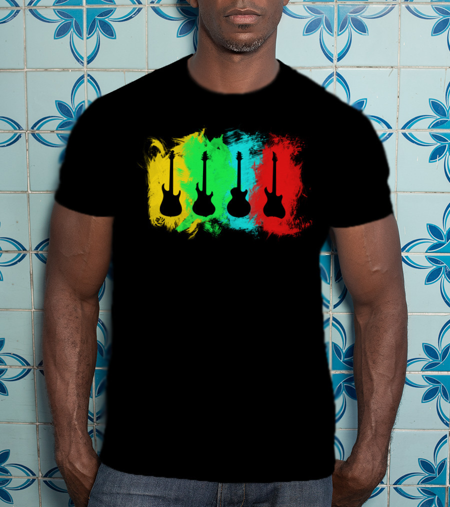 Colored Guitars Electric Acoustic Silhouette Yellow Green Blue Red T-Shirt