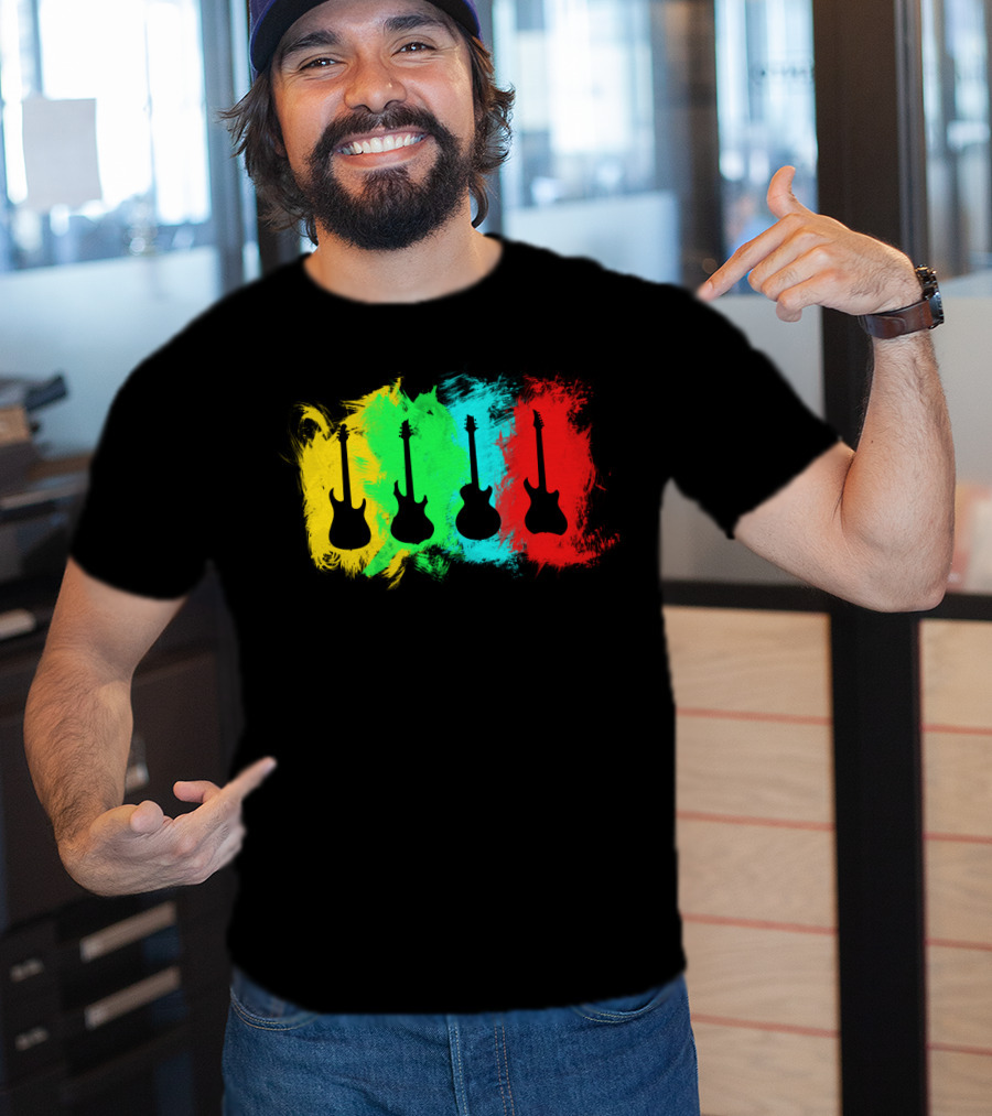 Colored Guitars Electric Acoustic Silhouette Yellow Green Blue Red T-Shirt