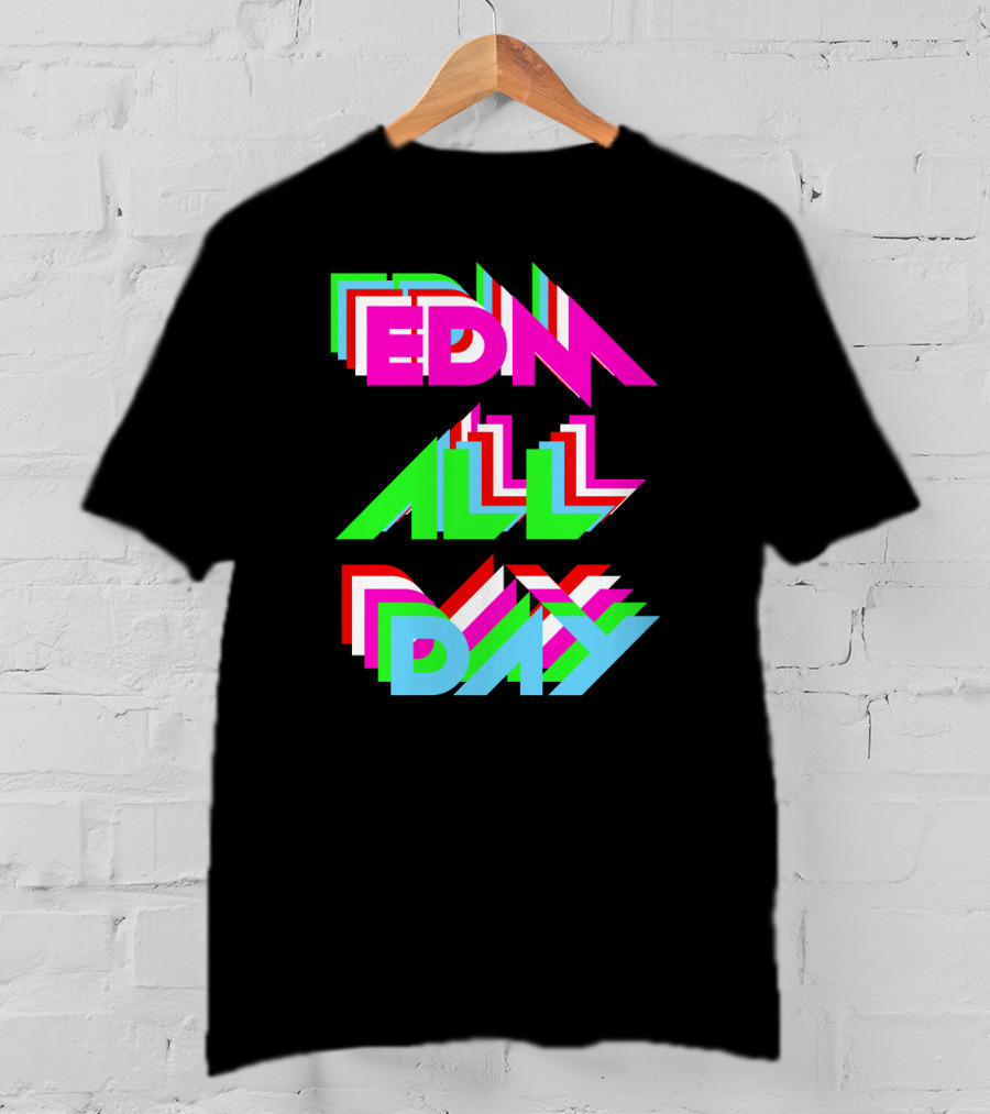 EDM All Day Cool Neon Anaglyph Style Rave Black Ink T-Shirt