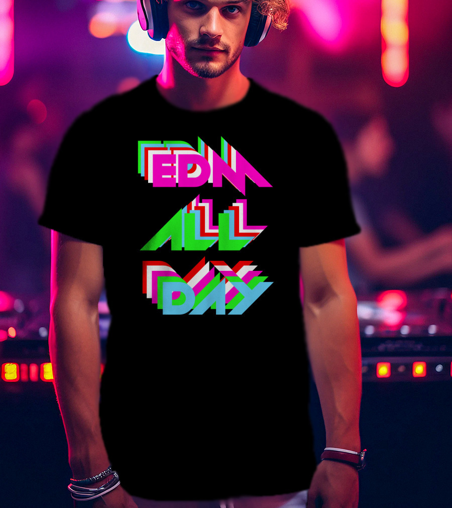 EDM All Day Cool Neon Anaglyph Style Rave Black Ink T-Shirt