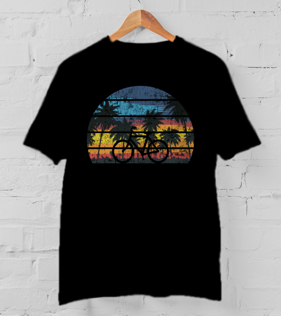 Bicycle Cycling Vintage Bike Rider Palm Trees Sunset Stripes T-Shirt