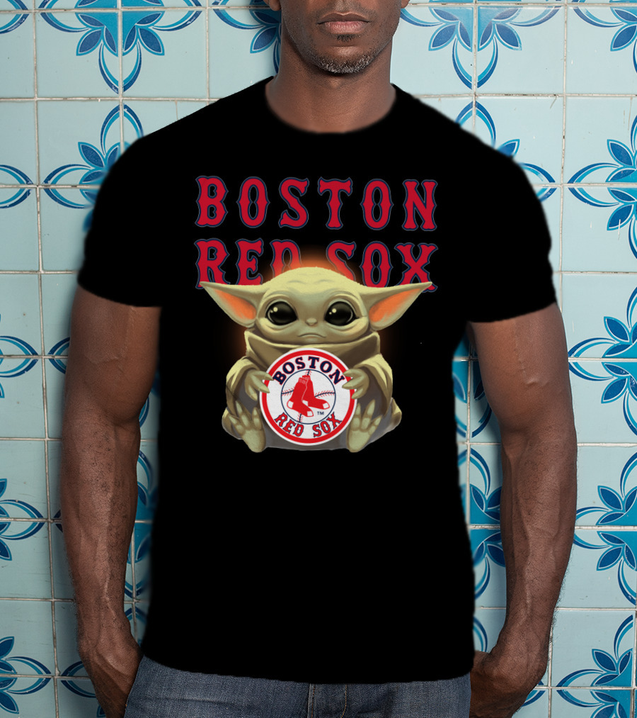 Boston Red Sox Baby Yoda Hugging Red Sox Emblem T-Shirt