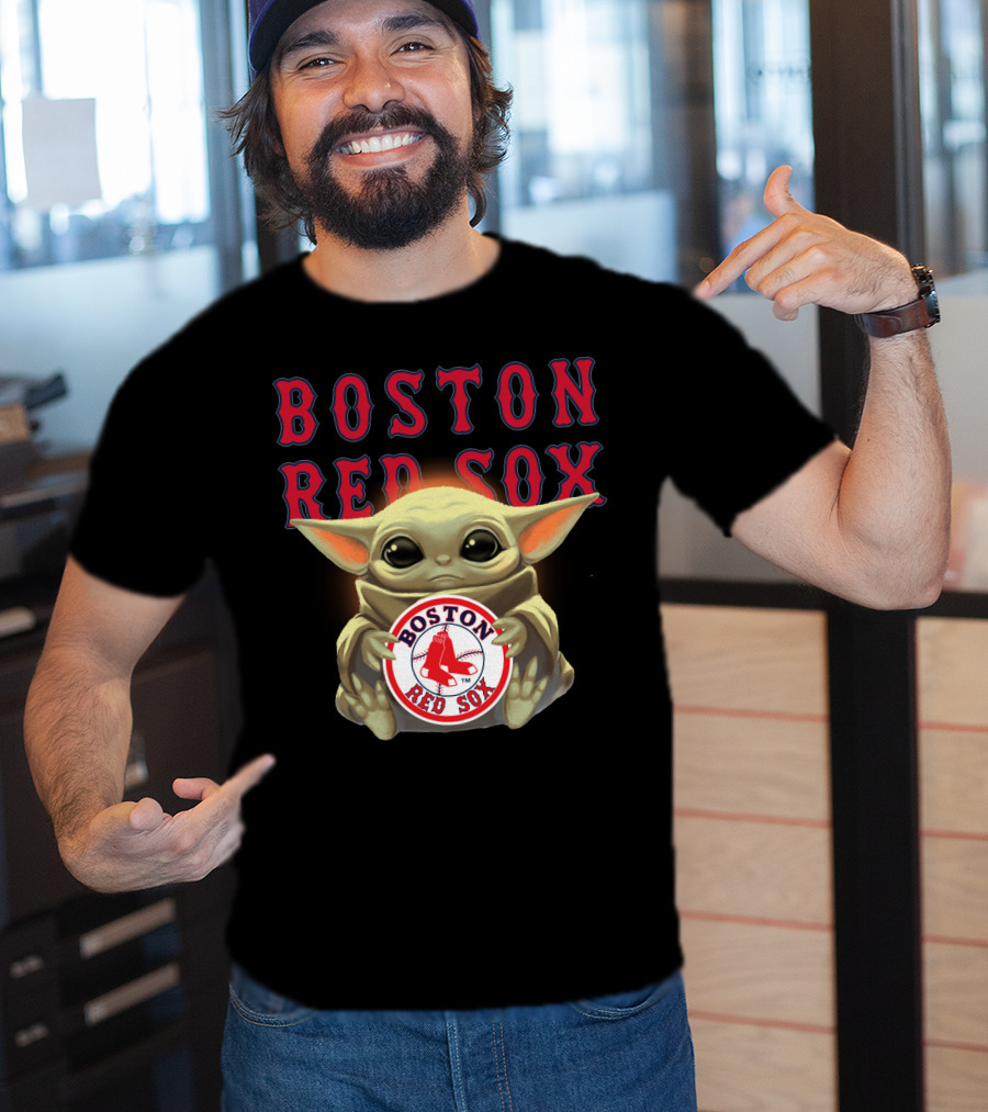 Boston Red Sox Baby Yoda Hugging Red Sox Emblem T-Shirt