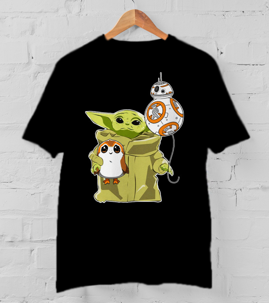 Baby Yoda Hug Sad Porg With BB-8 Balloon T-Shirt