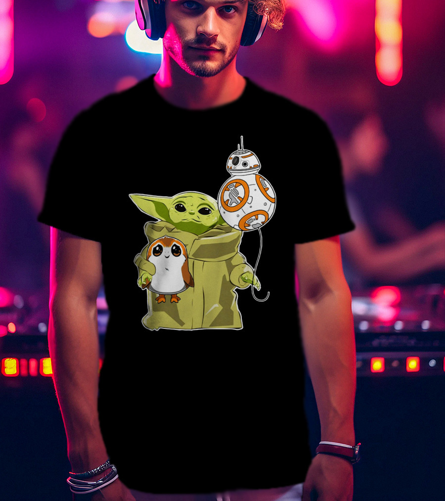 Baby Yoda Hug Sad Porg With BB-8 Balloon T-Shirt