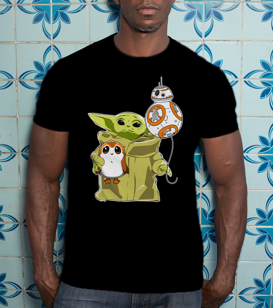 Baby Yoda Hug Sad Porg With BB-8 Balloon T-Shirt