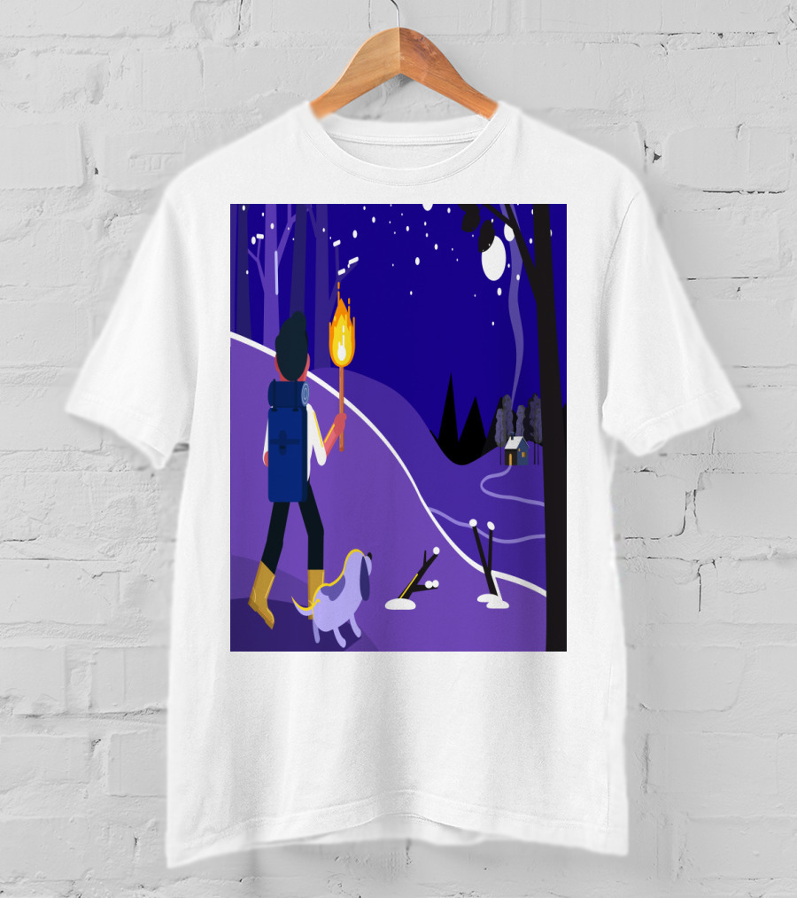 Nighttime Hiker With Backpack And Dog Under Moonlit Sky T-Shirt