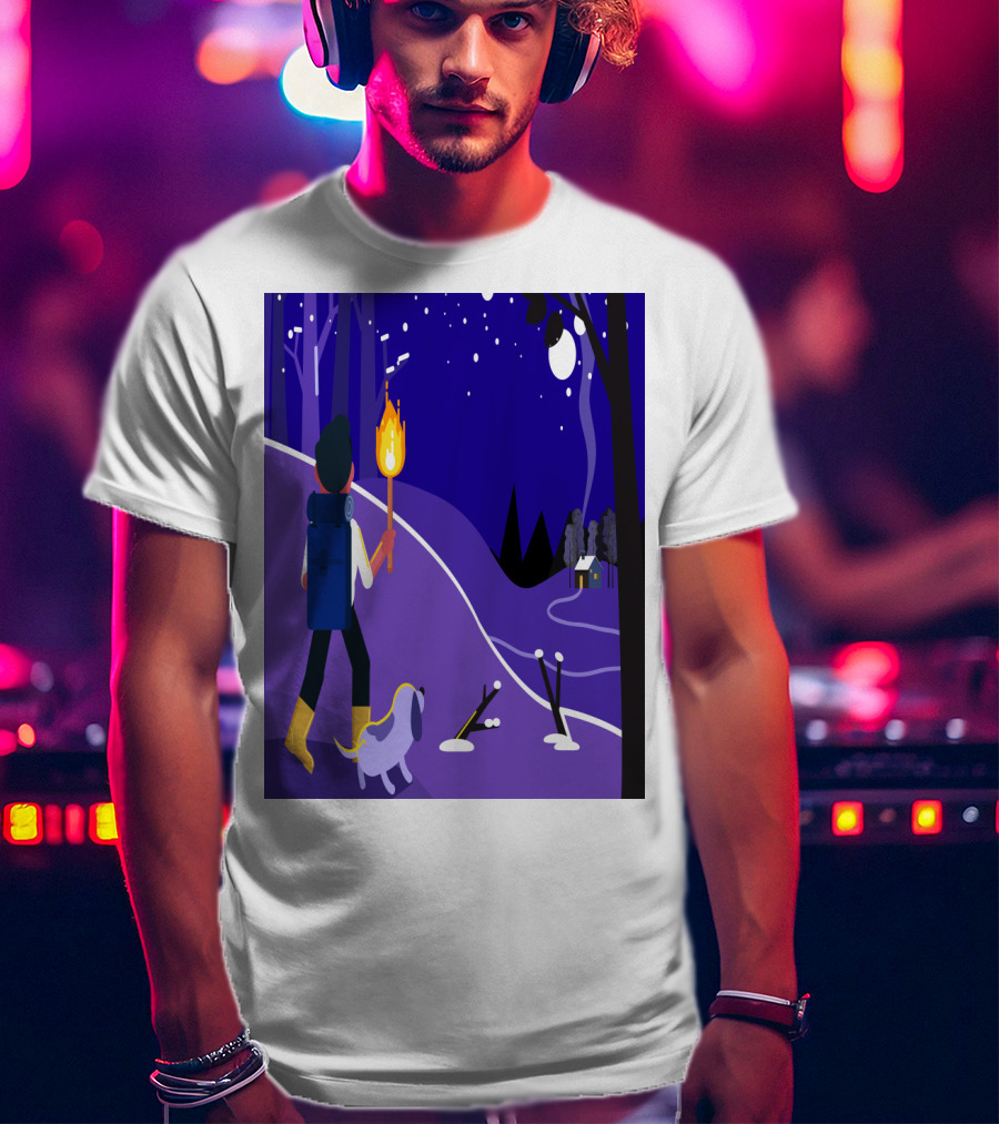 Nighttime Hiker With Backpack And Dog Under Moonlit Sky T-Shirt