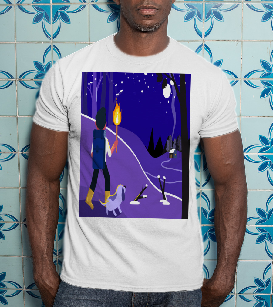 Nighttime Hiker With Backpack And Dog Under Moonlit Sky T-Shirt