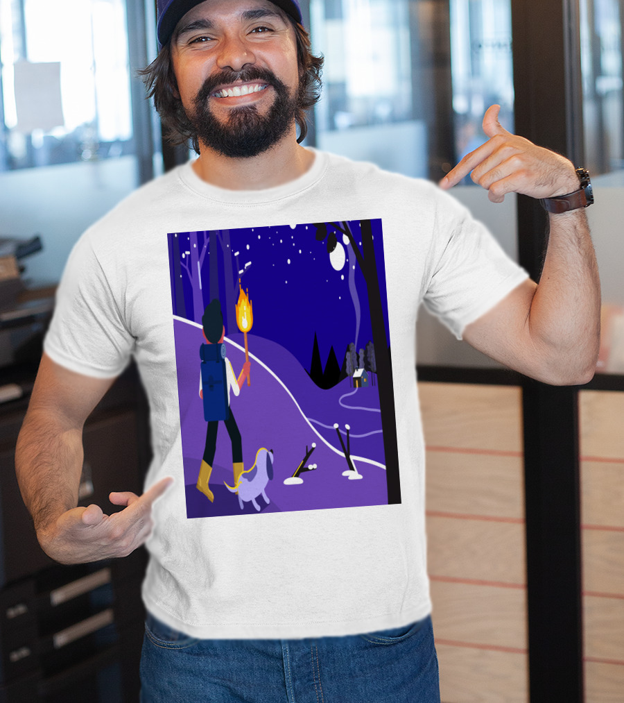 Nighttime Hiker With Backpack And Dog Under Moonlit Sky T-Shirt