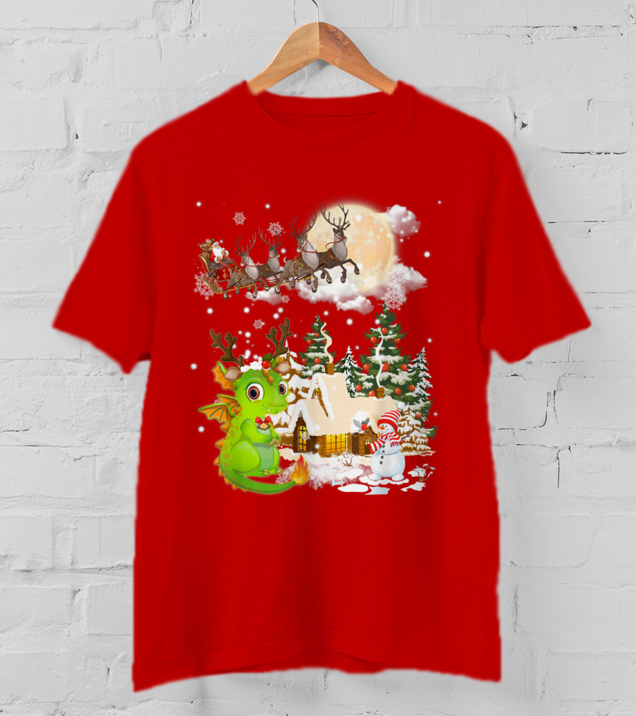 Santa's Sleigh Ride Over Snowy Village With Festive Dragon T-Shirt