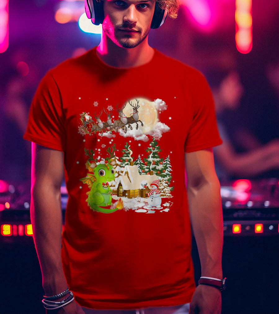 Santa's Sleigh Ride Over Snowy Village With Festive Dragon T-Shirt