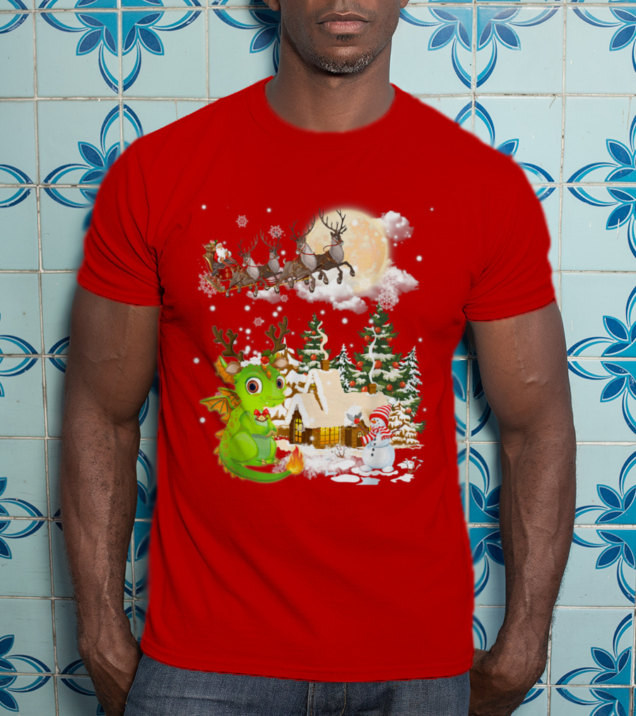 Santa's Sleigh Ride Over Snowy Village With Festive Dragon T-Shirt