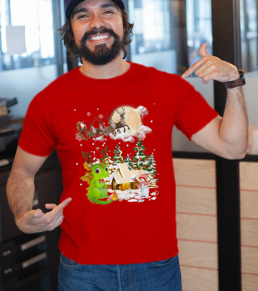 Santa's Sleigh Ride Over Snowy Village With Festive Dragon T-Shirt