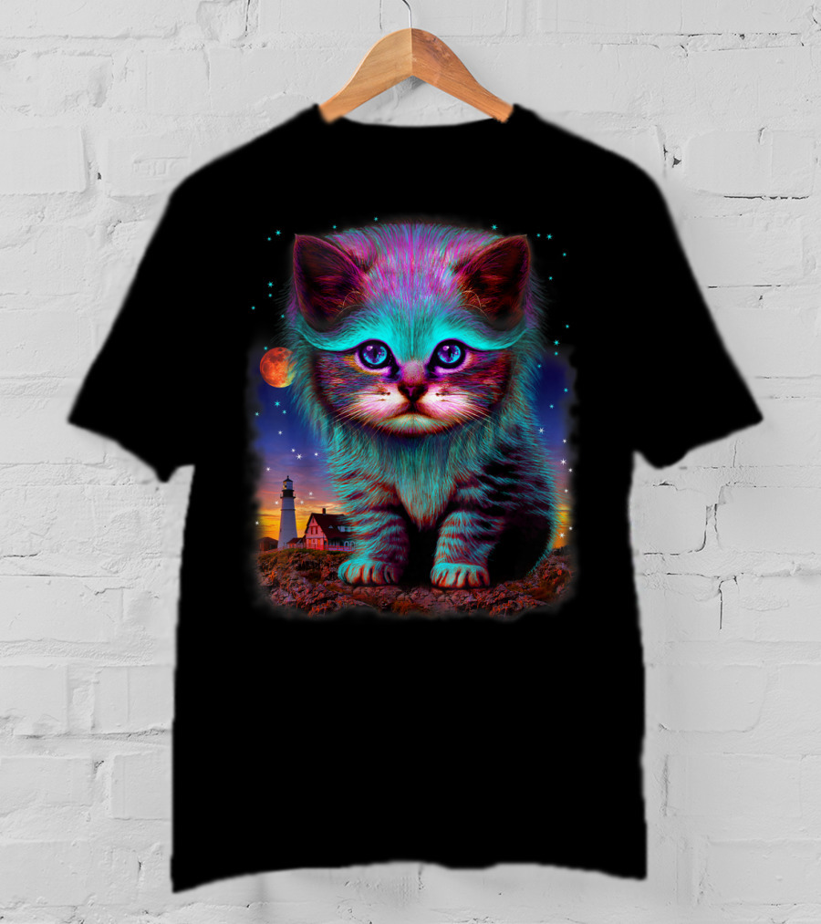 Alien Cat Fantasy Galaxy In Colorful Space With Cute Kitten And Lighthouse Moon Stars T-Shirt