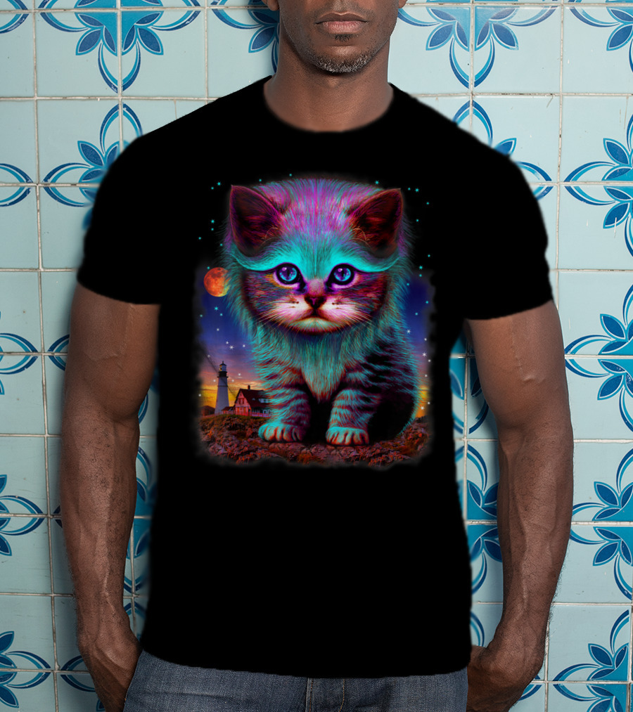 Alien Cat Fantasy Galaxy In Colorful Space With Cute Kitten And Lighthouse Moon Stars T-Shirt