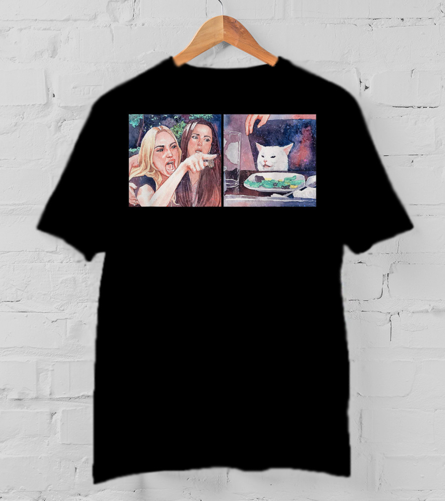 Angry Women Pointing At Indifferent Cat Sitting At Dining Table T-Shirt