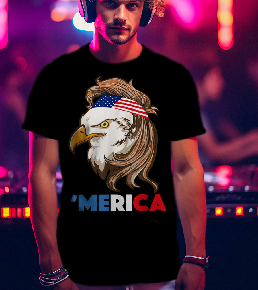 'Merca Bald Eagle Mullet American Flag Headband T-Shirt