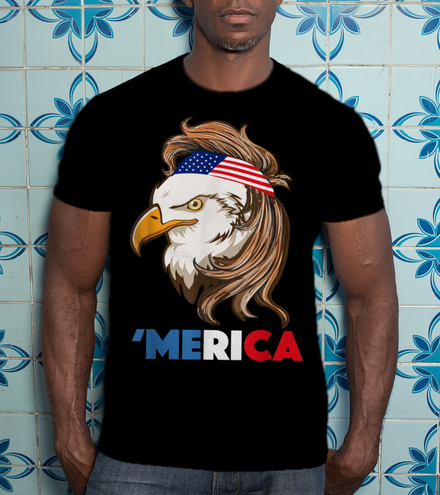 'Merca Bald Eagle Mullet American Flag Headband T-Shirt