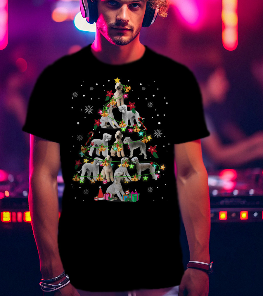 Bedlington Terrier Christmas Tree With Snowflakes And Gifts T-Shirt