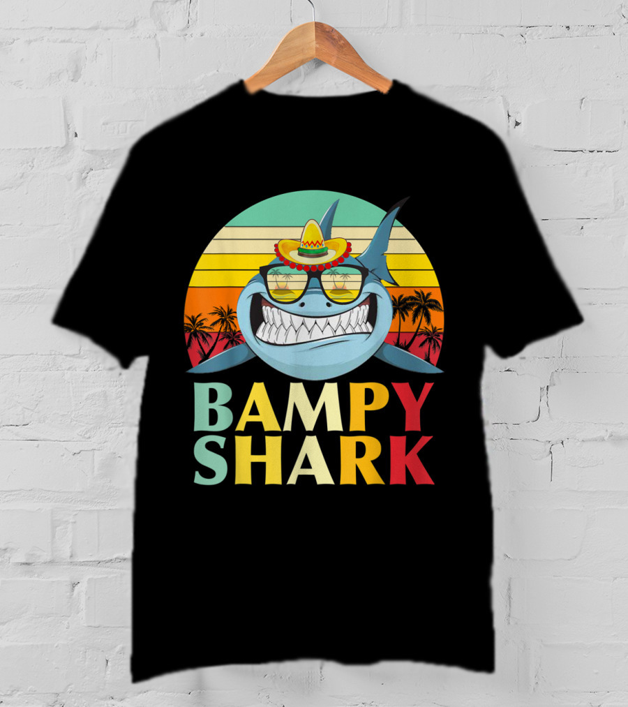 Bampy Shark Grandad From Grandchildren Shark With Sombrero And Sunglasses T-Shirt