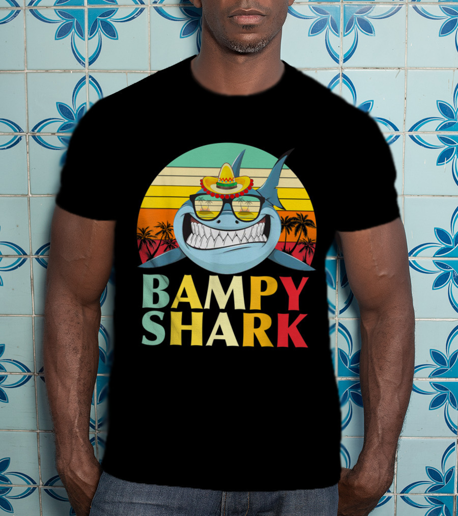 Bampy Shark Grandad From Grandchildren Shark With Sombrero And Sunglasses T-Shirt