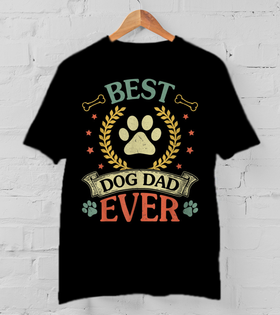 Best Dog Dad Ever Paw Laurel Stars Bones T-Shirt