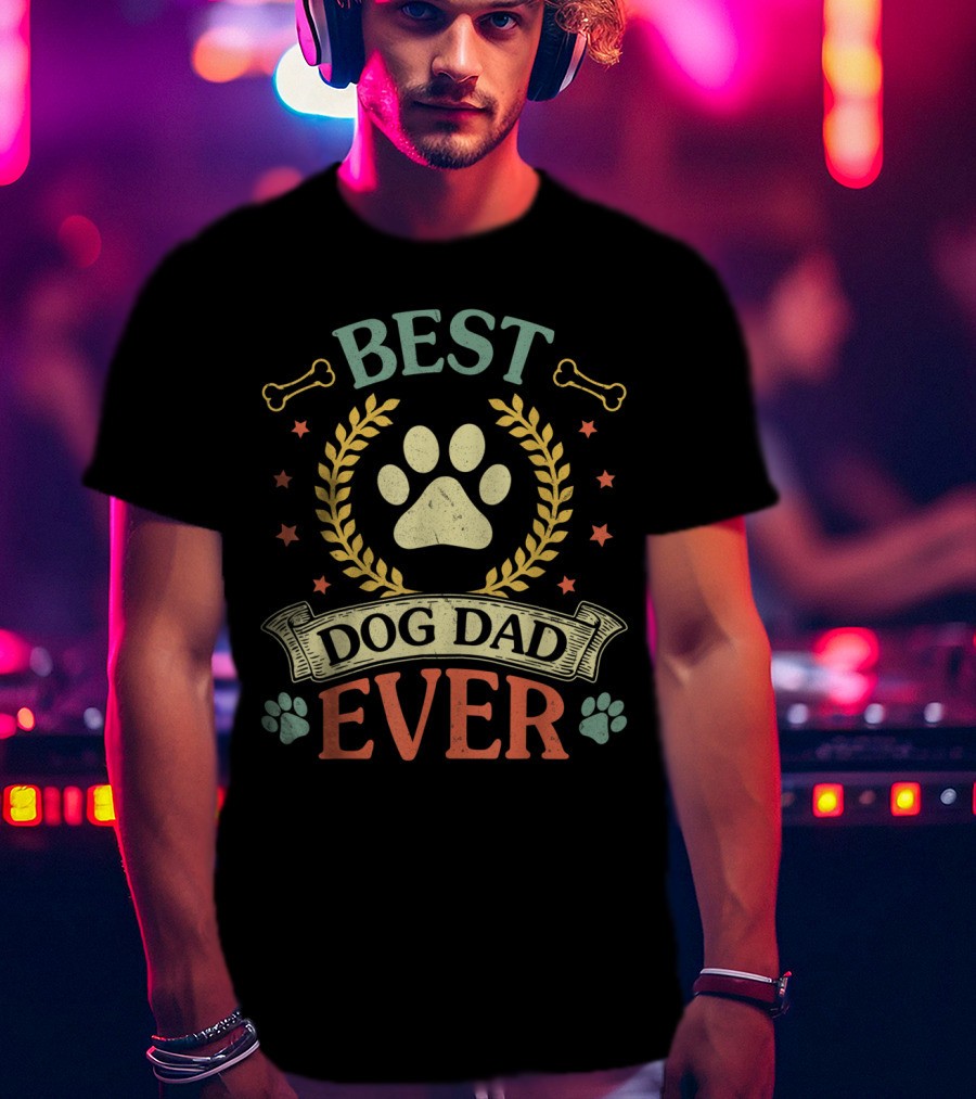 Best Dog Dad Ever Paw Laurel Stars Bones T-Shirt