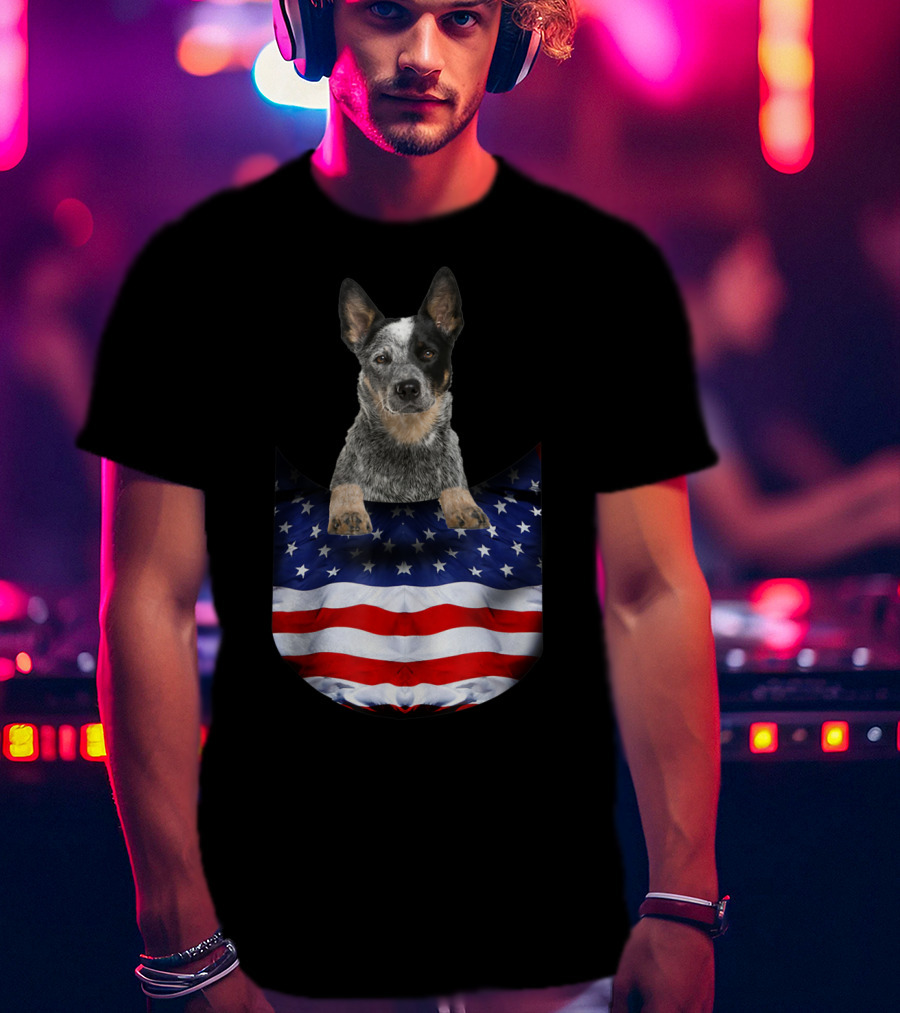 Australian Cattle Dog Pocket Funny American Flag Dog T-Shirt