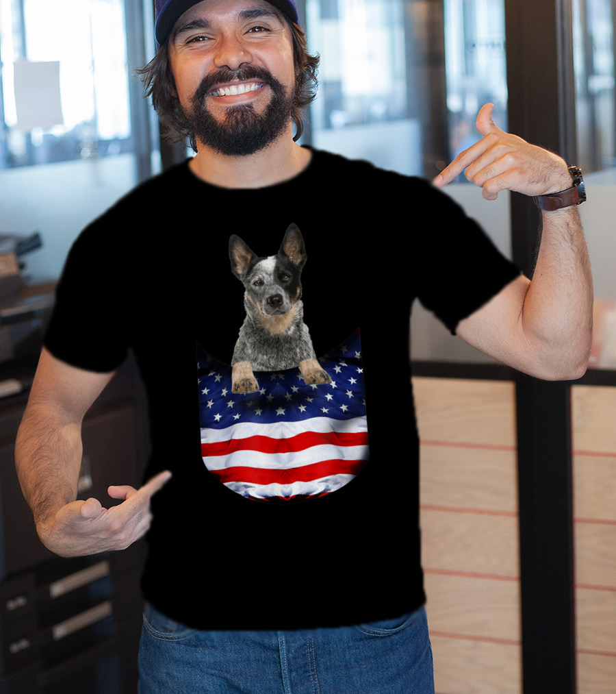 Australian Cattle Dog Pocket Funny American Flag Dog T-Shirt