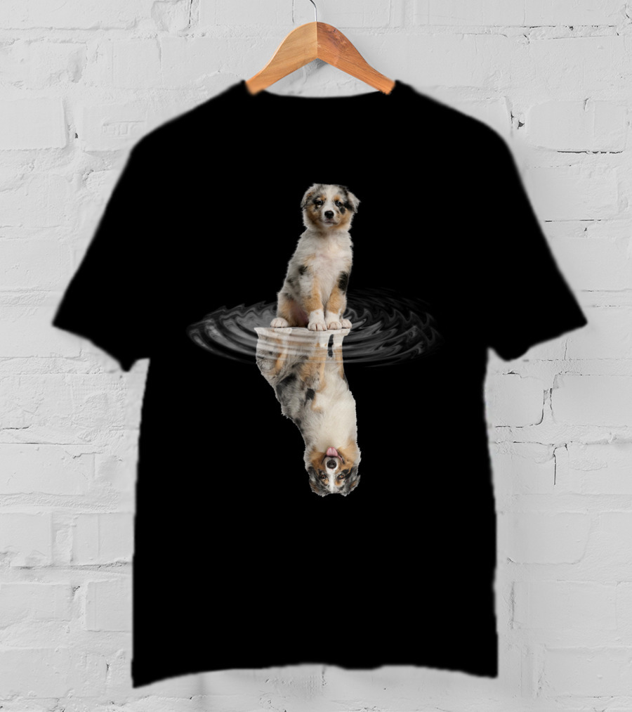 Australian Shepherd Puppy Reflection In Water Ripple T-Shirt