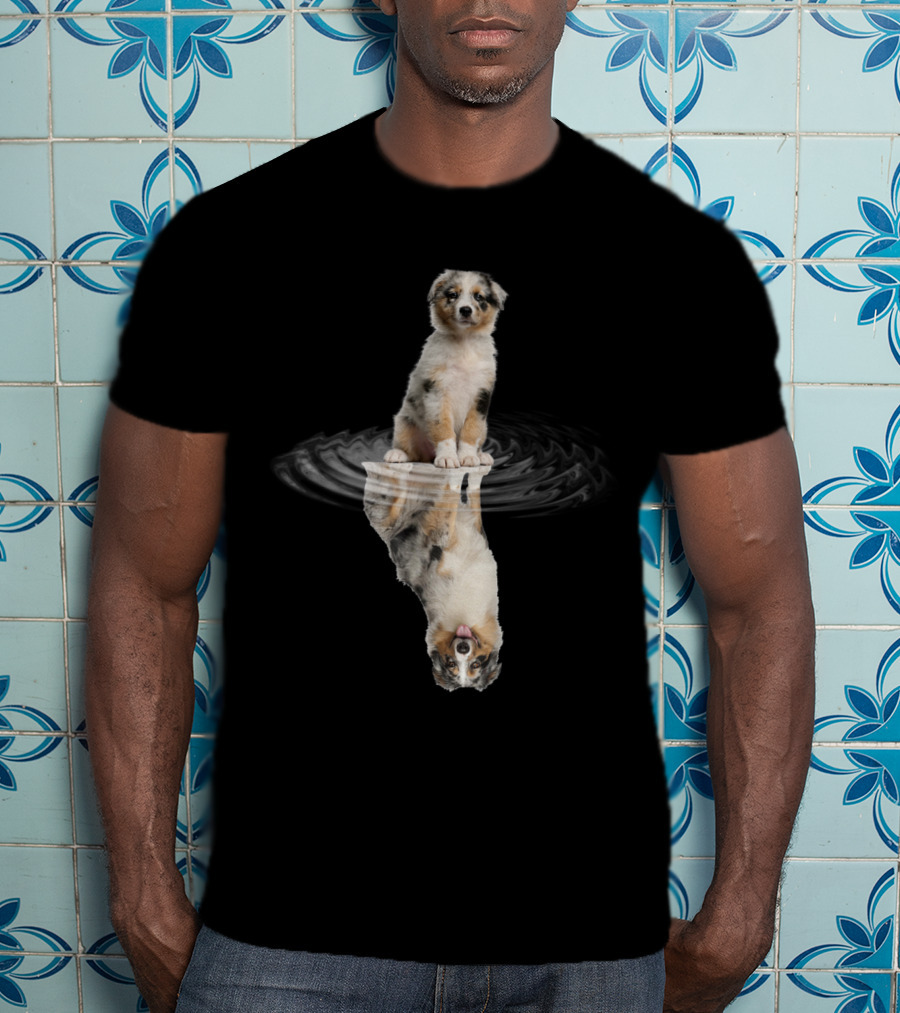 Australian Shepherd Puppy Reflection In Water Ripple T-Shirt